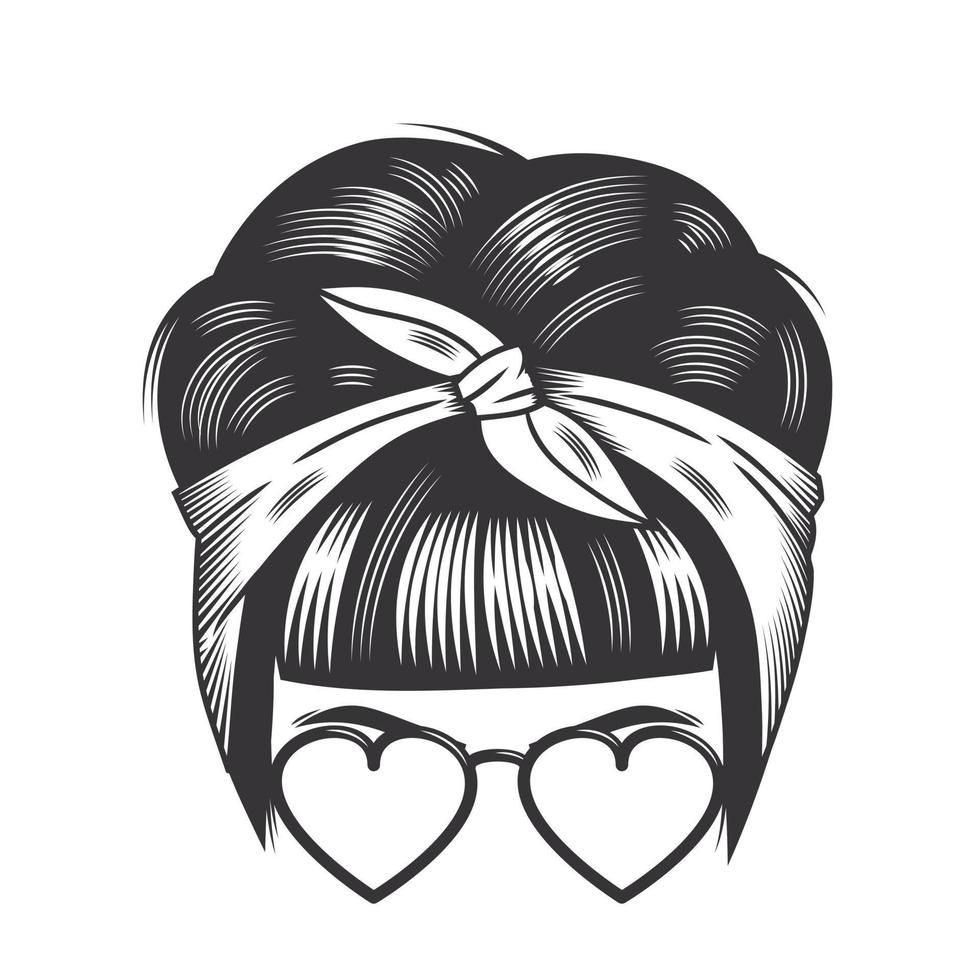 kvinna kärlek ansikte med vintage hårband bulle frisyrer och hjärta solglasögon vektor linjekonstillustration.