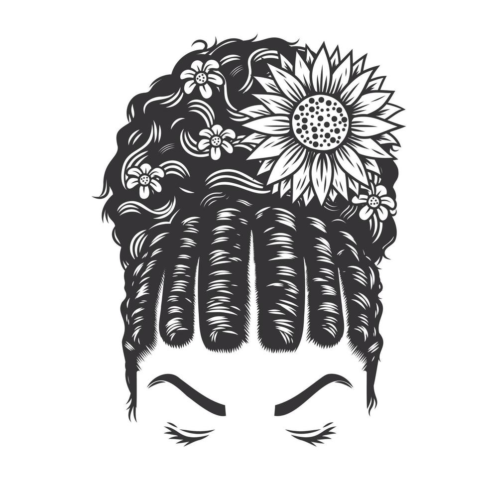 Frau Gesicht Afro natürliche Frisur lockig flach Twist Brötchen Vintage-Frisuren mit Blumenvektorlinie Kunstillustration. vektor