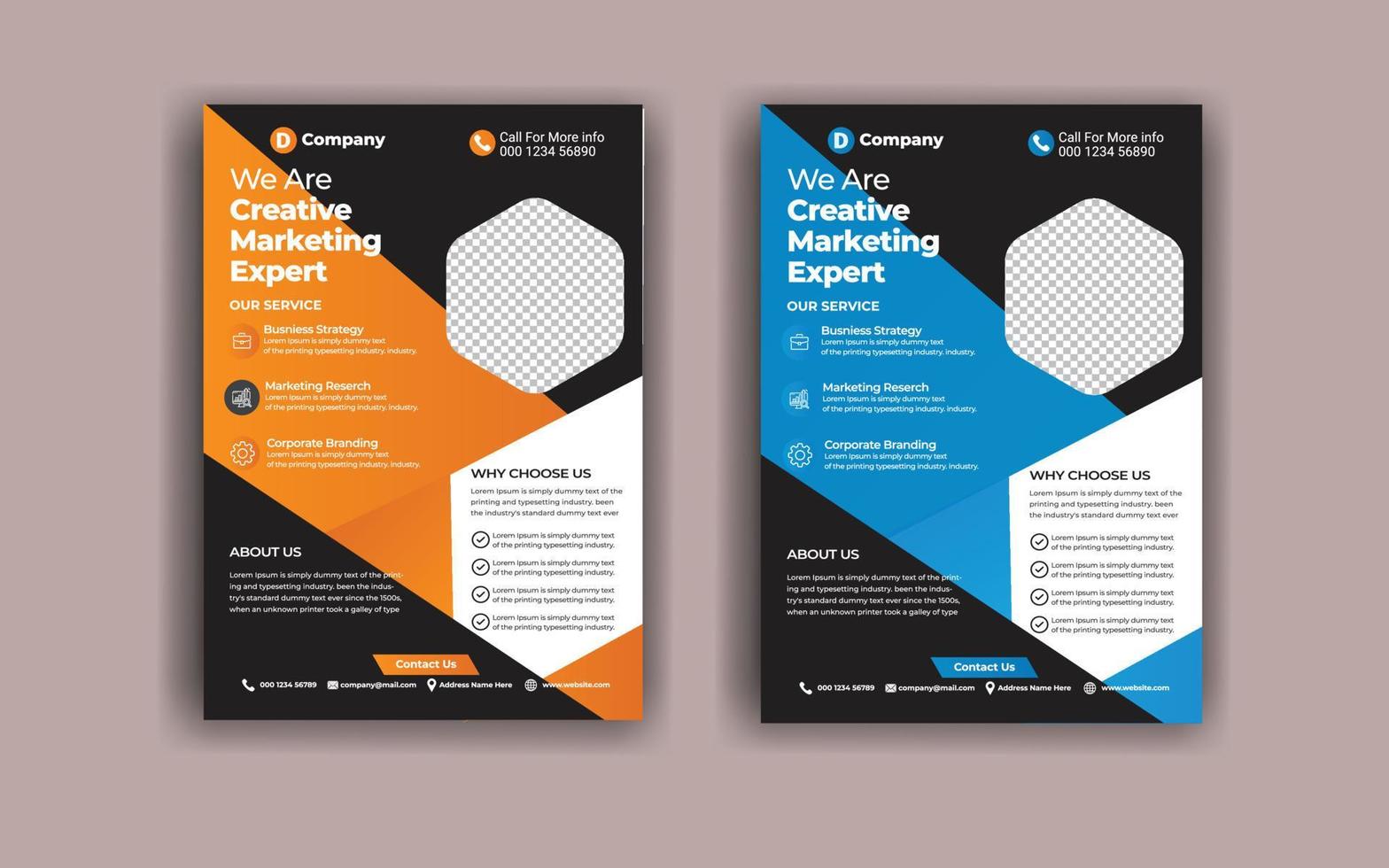 zwei Business-Broschüren-Flyer-Design-Layout-Vorlage a4, Vorlagenvektordesign für Zeitschrift, Poster, Unternehmenspräsentation, Portfolio, Flyer, Layout modern in Orange-Blau vektor