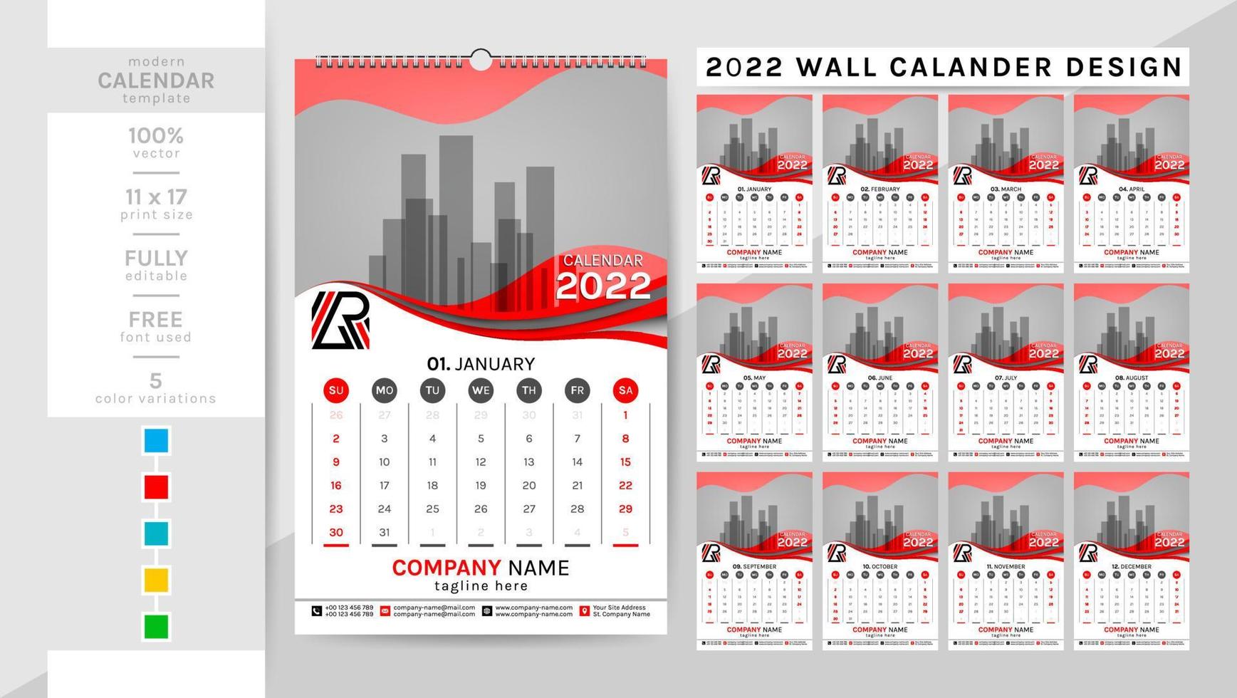 Wandkalender und Planer-Tagebuch-Vorlage für das Jahr 2022. Dieser kreative, elegante Kalender ist ein Muss für Ihr Zuhause und Ihr Büro. 2-Themen-Farbgebung, schwarz und andere. die 12-seitige woche beginnt am sonntag. vektor