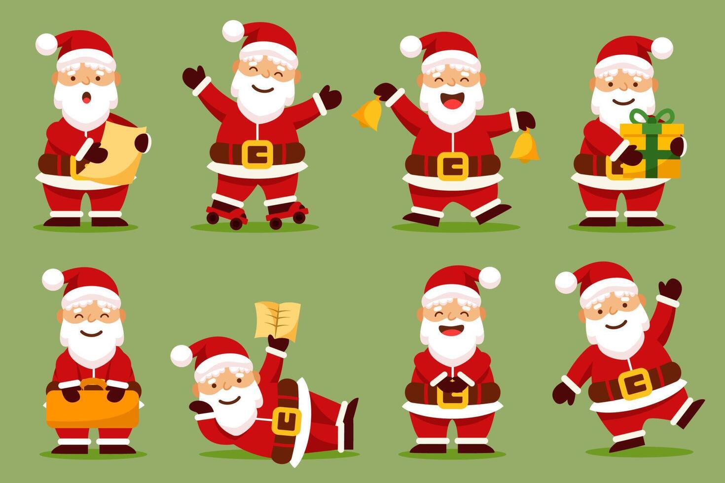 Weihnachtsmann-Figuren in verschiedenen Posen und Szenen. Frohe Weihnachten Ausschnittelement vektor