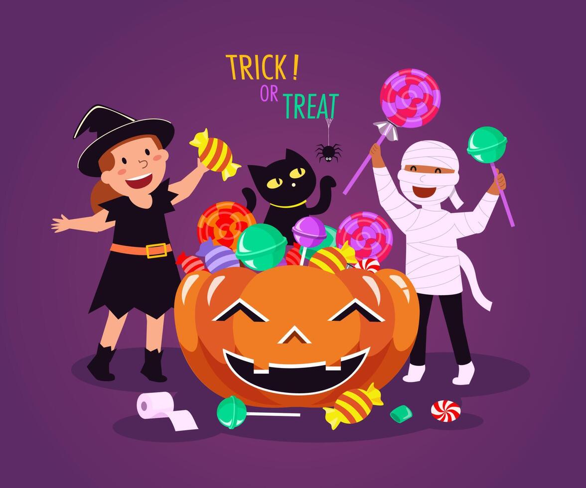 vektor illustration glad halloween trick or treat firande med tecken för festinbjudan