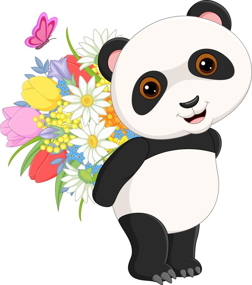 söt liten panda som bär en blomma vektor