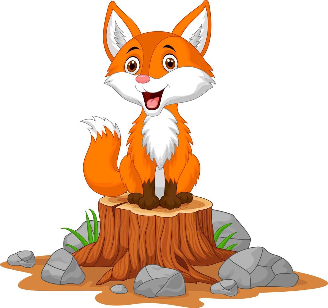 tecknad glad räv sitter på trädstubbe vektor