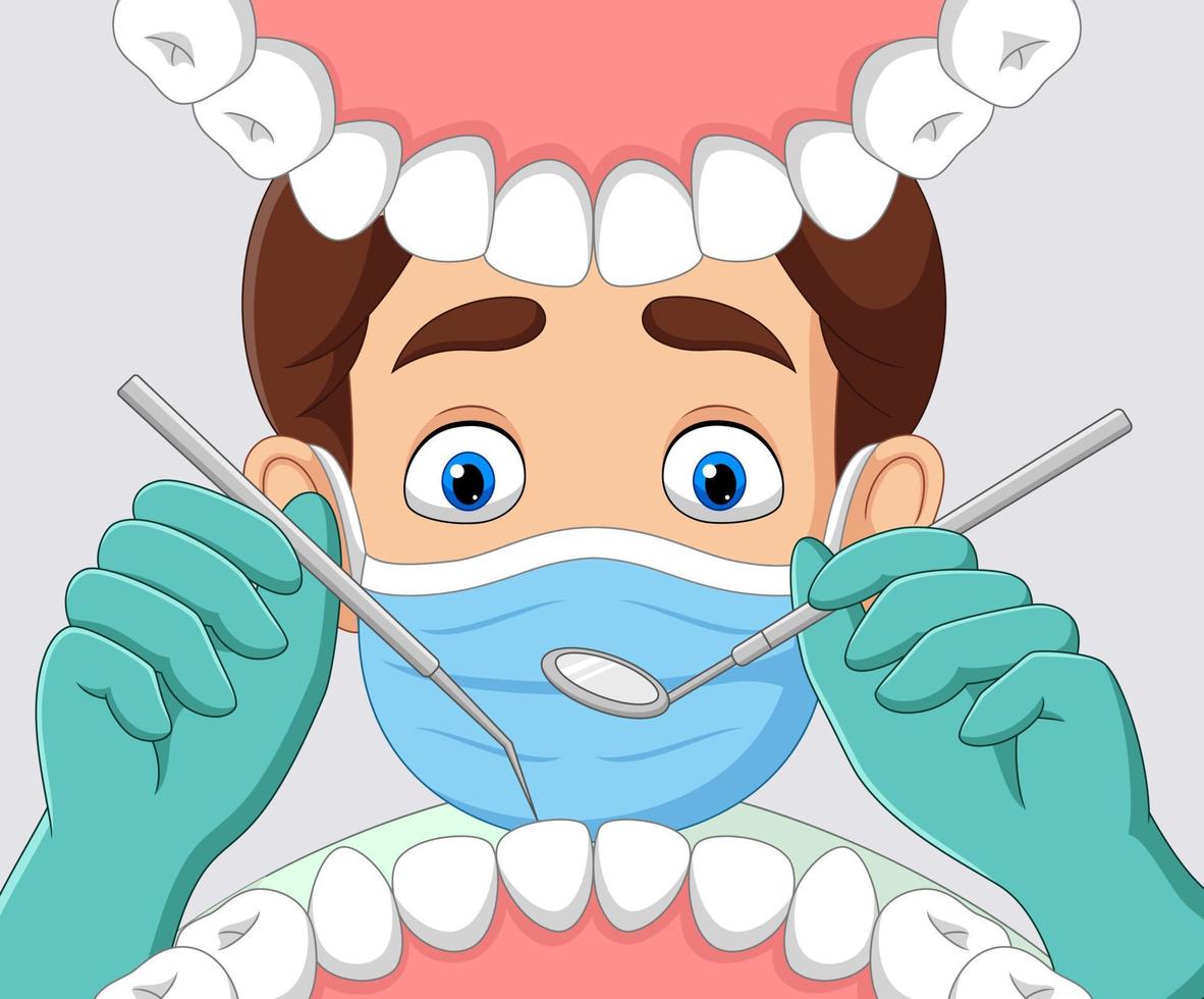 Cartoon-Zahnarzt überprüft den Zahn in den offenen Mund des Patienten vektor