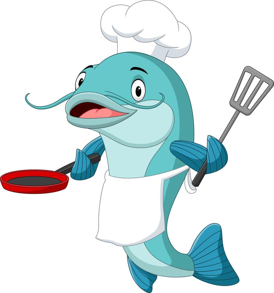 tecknad havskatt kock håller en stekpanna och spatel vektor