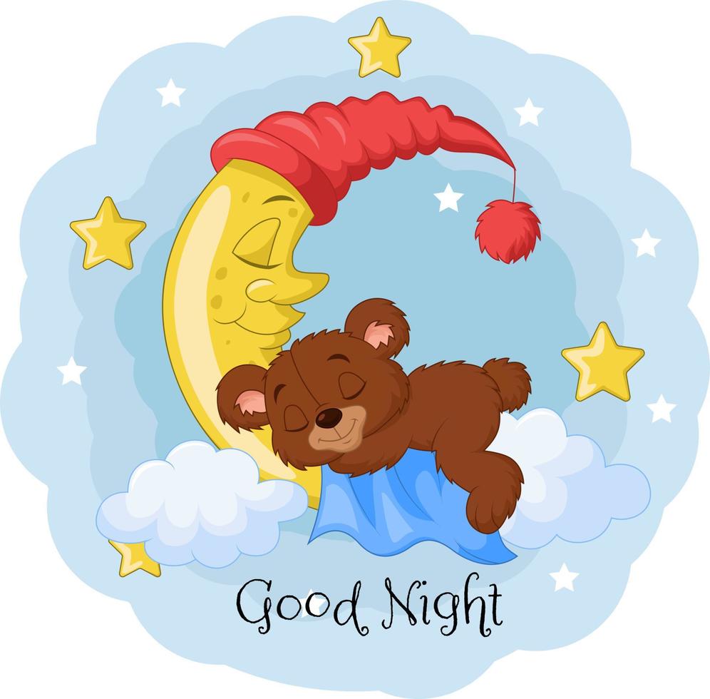 Cartoon-Teddybär schläft auf dem Mond vektor
