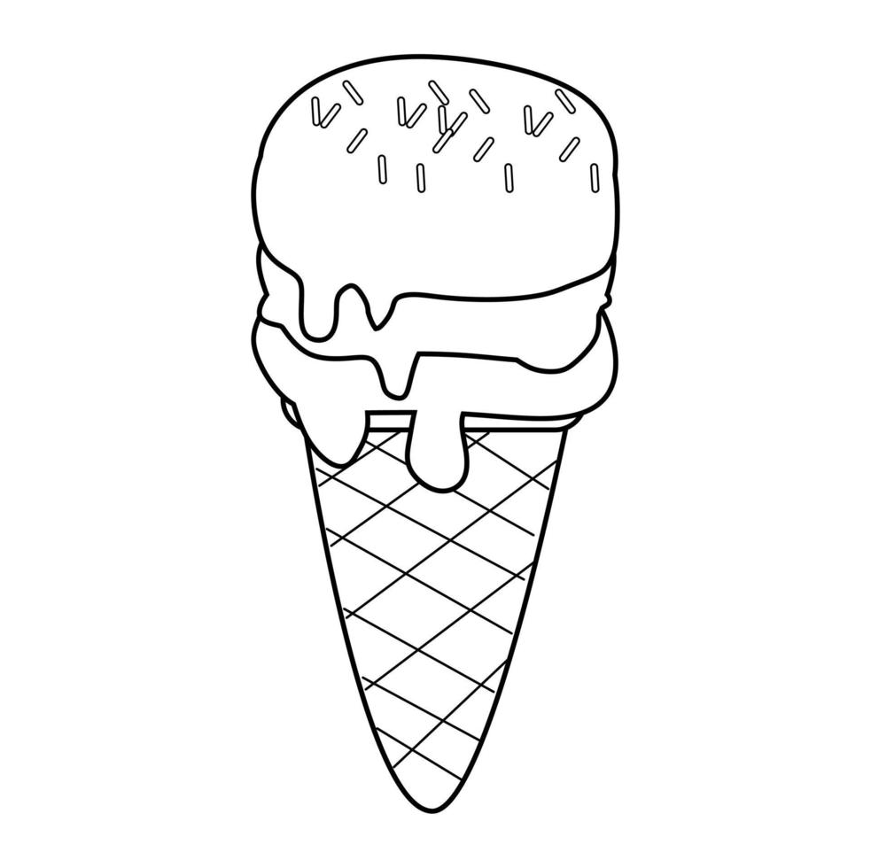 svart och vit vektorillustration av glass med tre smaker med strössel för målarbok och doodle vektor