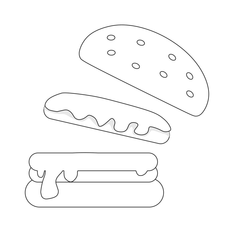Schwarz-Weiß-Vektorillustration von Hamburgern mit Fleisch und Gemüse zum Färben von Buch und Gekritzel vektor