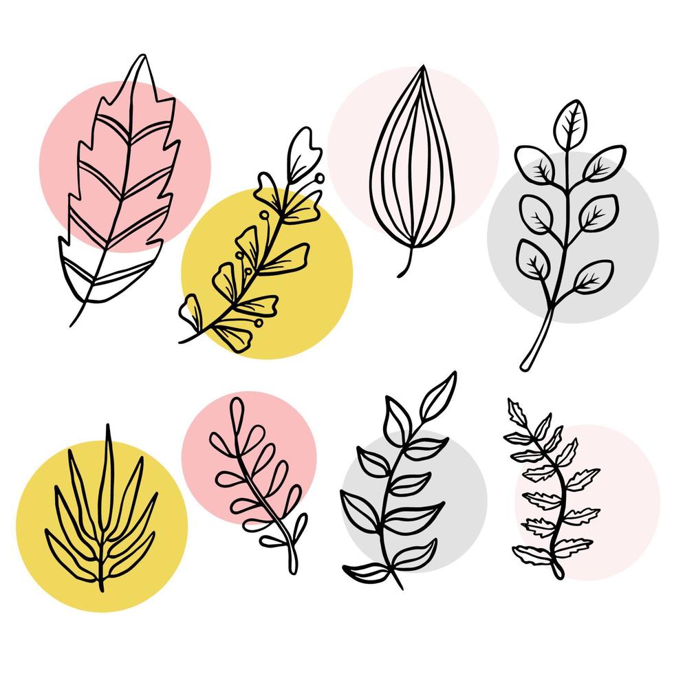 handritade doodle lämnar element. vår och sommar tema. blomma och växt botanisk vektor i linjekonst eller konturstil. kan användas för att markera berättelsens omslagsikon på sociala medier