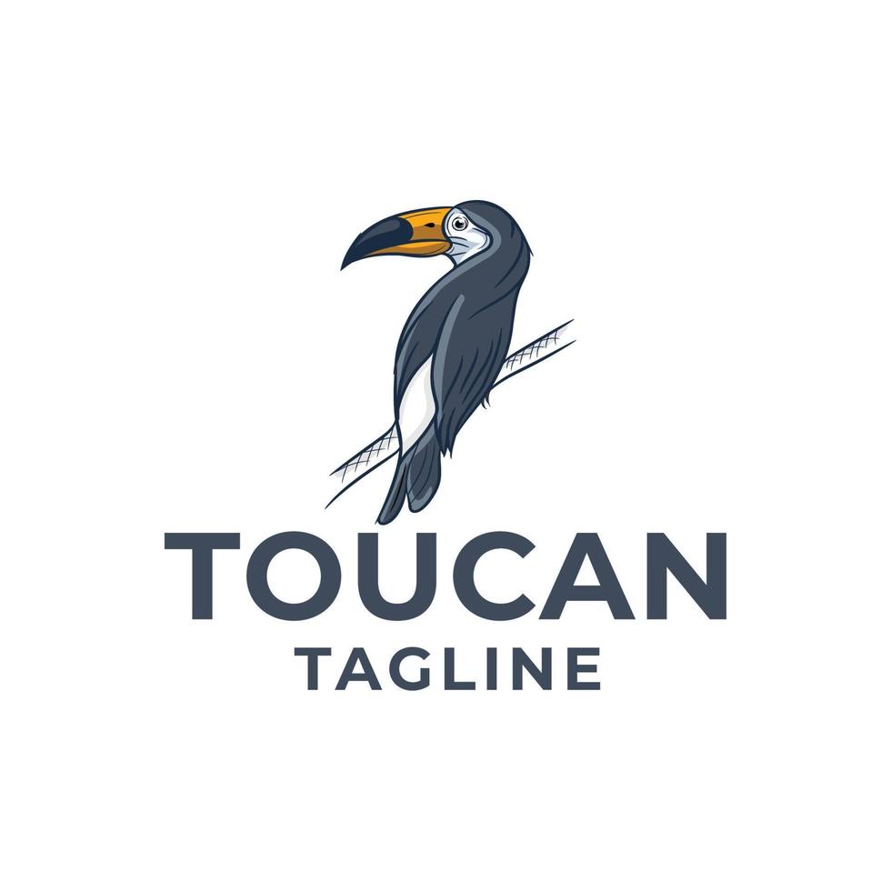 das Tukan-Vogel-Maskottchen-Logo-Design steht auf einem Ast, der Kopf dreht sich, schaut, schaut, Tierkopf-Symbol-Vektortyp-Logo vektor