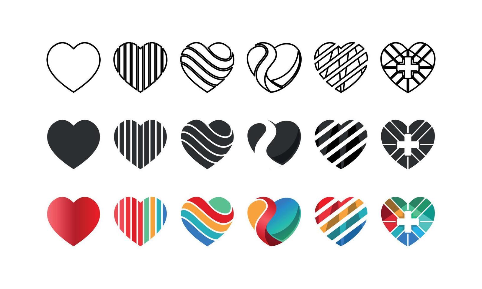 uppsättning platt svart linje siluett hjärta ikoner som isolerade på vitt. olika retro abstrakta former romantisk kärlek kontur samling av grafiska designelement. hälsovård, alla hjärtans dag-kort vektor