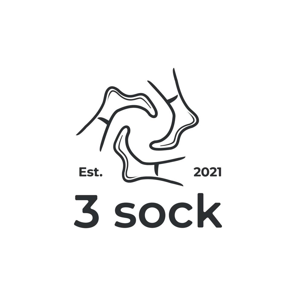 Einfaches und einzigartiges Logo-Design mit Füßen und 3 Socken in Linien- und Kreisform, drehbar und miteinander verbunden vektor