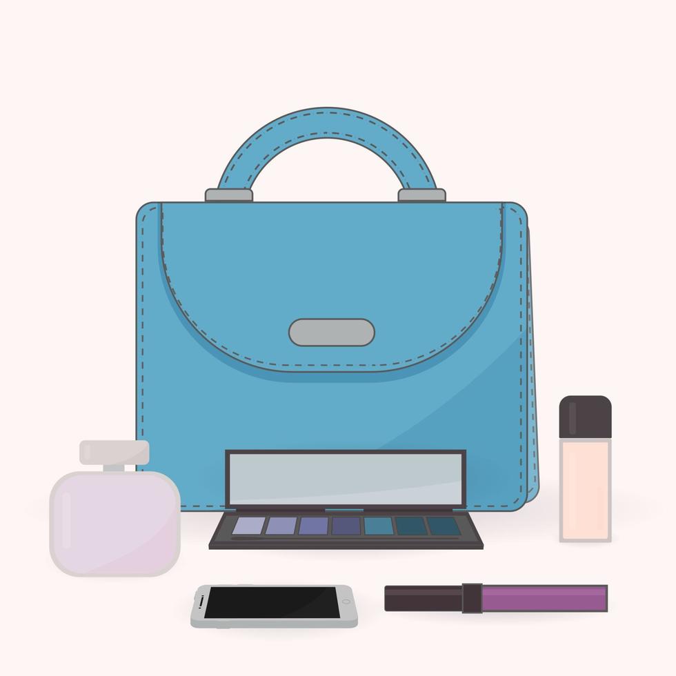 Geldbörse, Parfüm, Kosmetik und Handy. der Inhalt einer Damenhandtasche. Schminktisch. Konzept von Beauty-Bloggern, Mode und Glamour. vektor