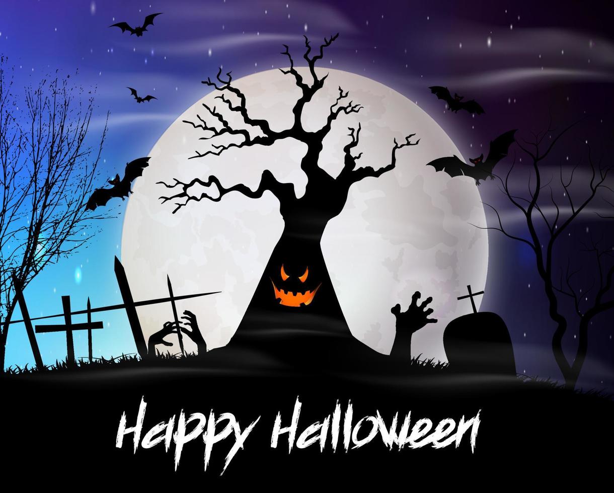 Halloween-Hintergrund mit Monsterbaum auf dem Vollmond vektor