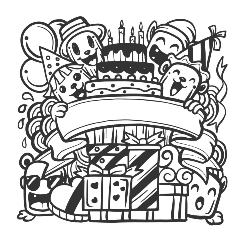 grattis på födelsedagen med söta monster doodle vektor