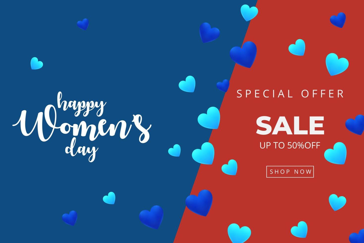 8. märz Happy Women's Day Sale Banner. schöner trend klassischer blauer farbhintergrund mit herzen vektor