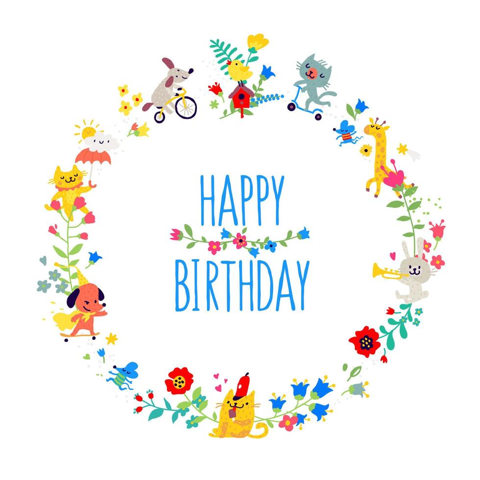 illustrationer i form av en rund krans. vektor. djur bland blommorna gratulerar dig på din födelsedag. barns tecknade film, doodle stil. cirkulation och runddans. vektor