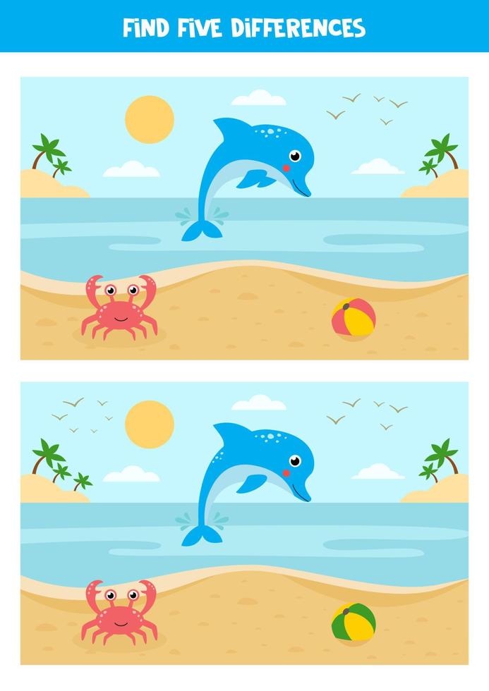 Finden Sie 5 Unterschiede zwischen zwei Meereslandschaften mit Delfinen und Krabben. vektor