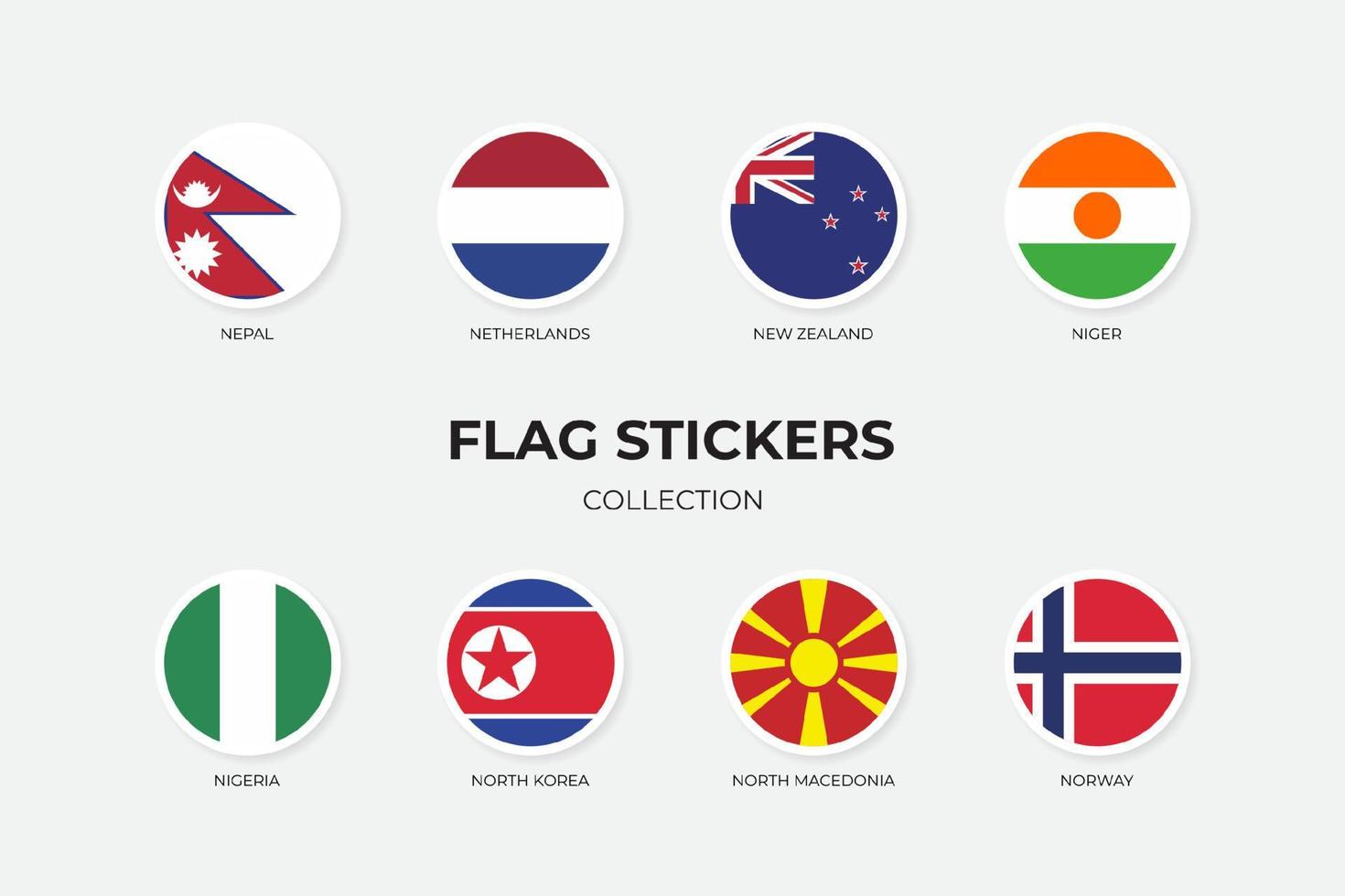 Flaggenaufkleber von Nepal, Niederlande, Neuseeland, Niger, Nigeria, Nordkorea, Nordmazedonien, Norwegen vektor