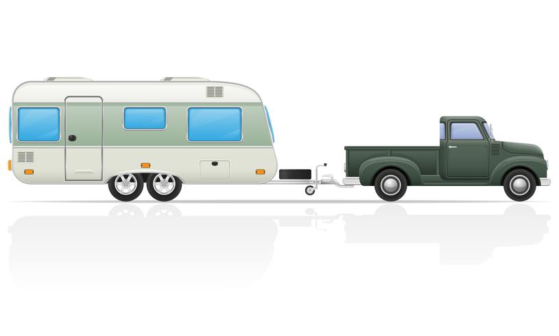 gammal retro bil pickup med trailer vektor illustration