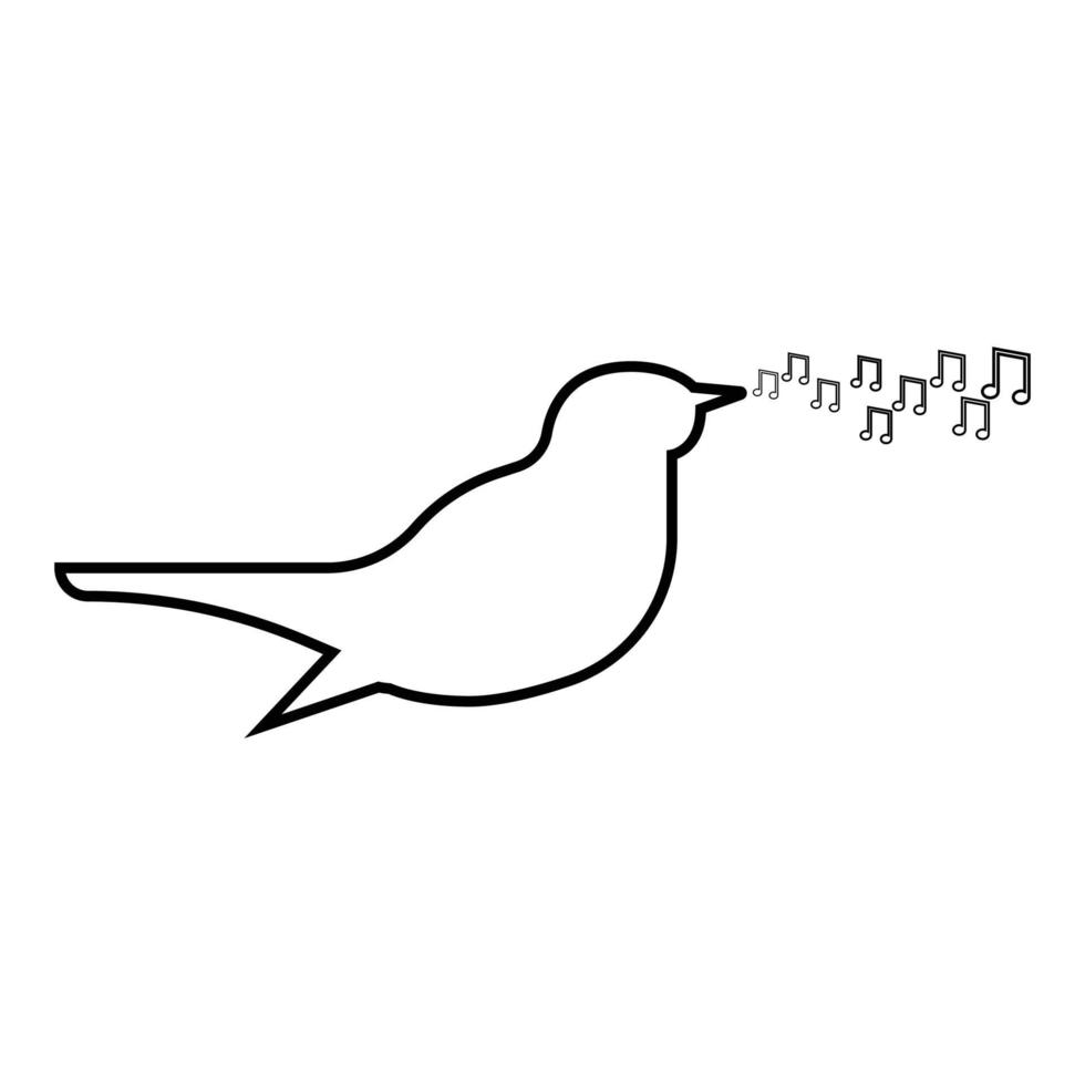 Nachtigall singt Melodie Lied Vogel Musiknoten Musikkonzept Symbol Umriss schwarze Farbe Vektor Illustration Flat Style Image