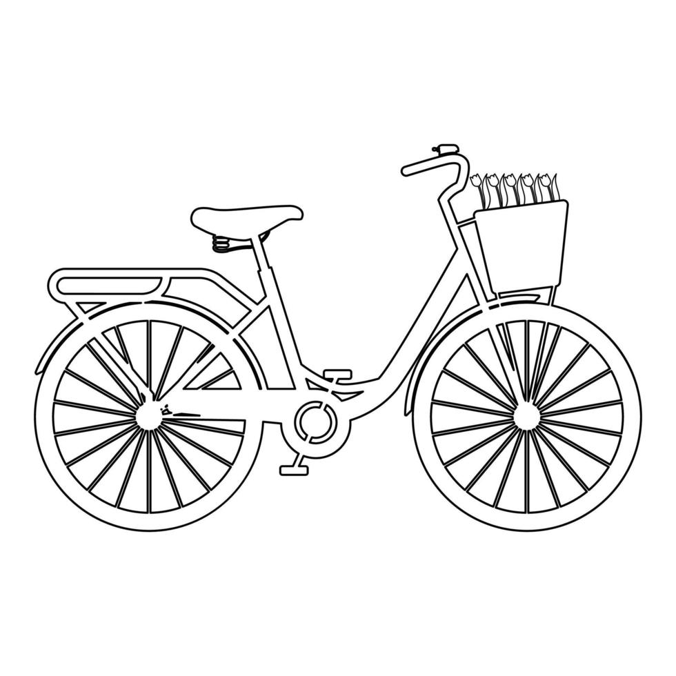 cykel med korg och blommor tulpaner ikonen kontur svart färg vektor illustration platt stil bild