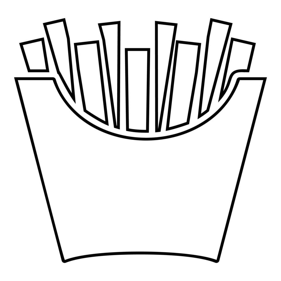 pommes frites i paket stekt potatis i papperspåse snabbmat i hink låda snack koncept ikon kontur svart färg vektor illustration platt stil bild