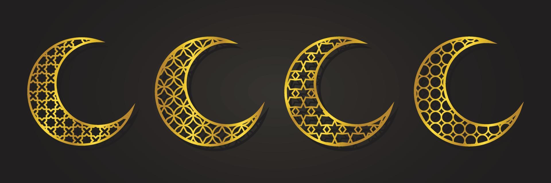 islamisk måne prydnad gyllene lyx, arabesk mönster, set samling design vektor