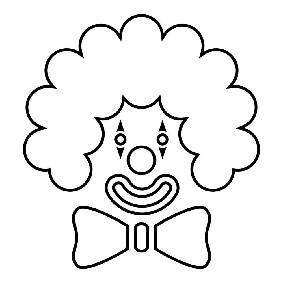 clown ansikte huvud med stor rosett och lockigt hår cirkus karneval rolig inbjudan koncept ikon kontur svart färg vektor illustration platt stil bild