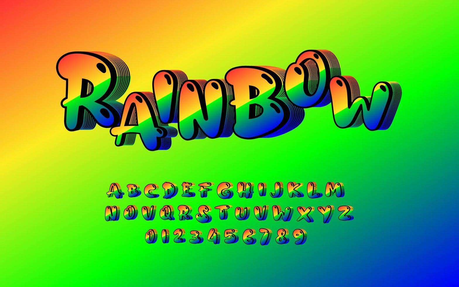 regenbogentexteffekt, alphabet- und zahlenschriftarten, karikaturstil mit hellen farben, 3d-formillustration, vektor