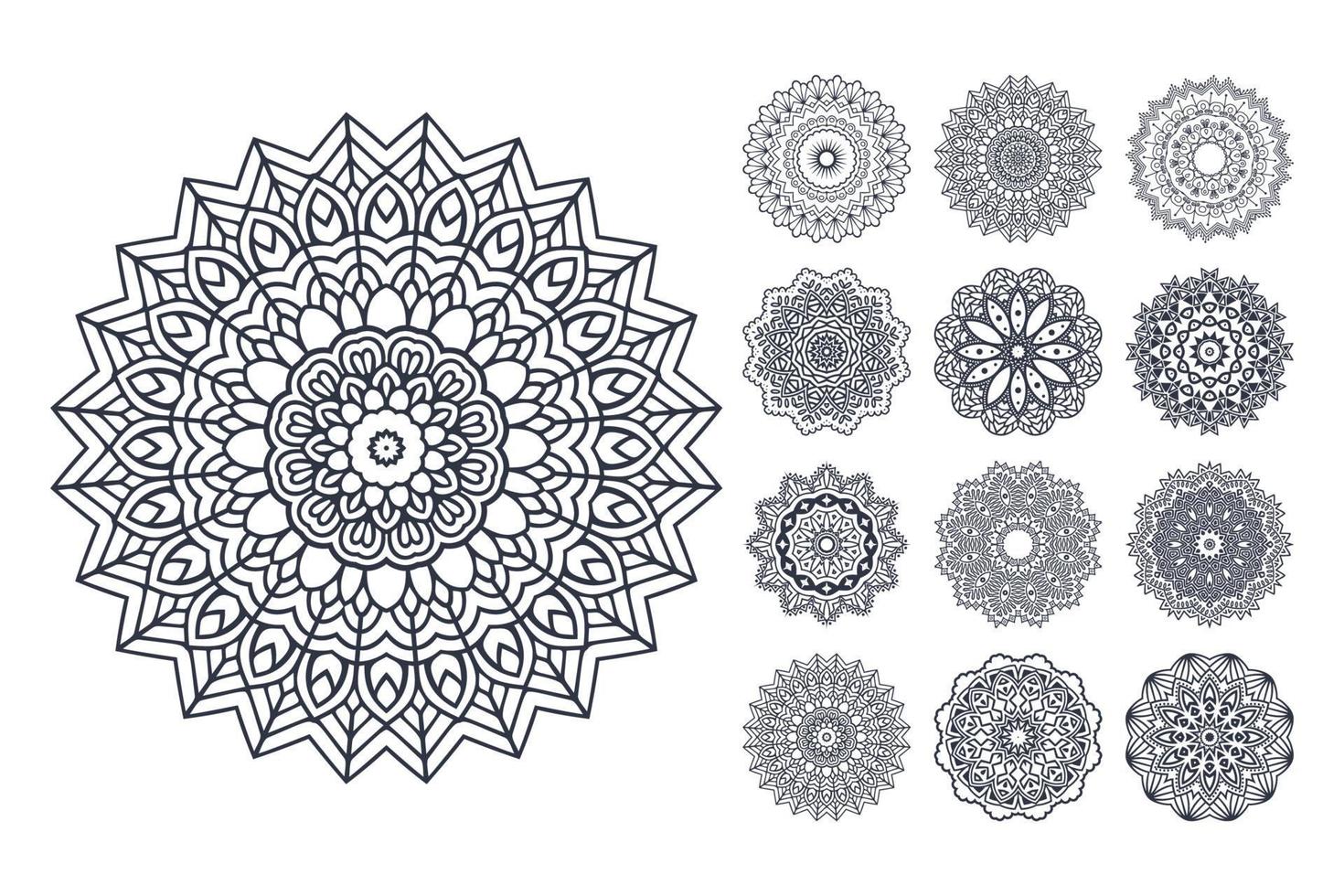 Mandala-Strichzeichnungsbündel. Mandala Malvorlagen Vektor. Schwarz-Weiß-Mandala-Muster. gesetzter vektor des mandala-blumenmusters. Blumenmuster Vektor