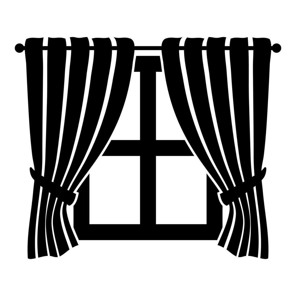 gardiner och fönster interiörkoncept hem fönstervy dekoration viftande gardiner på fönsterikon svart färg vektorillustration platt stilbild vektor