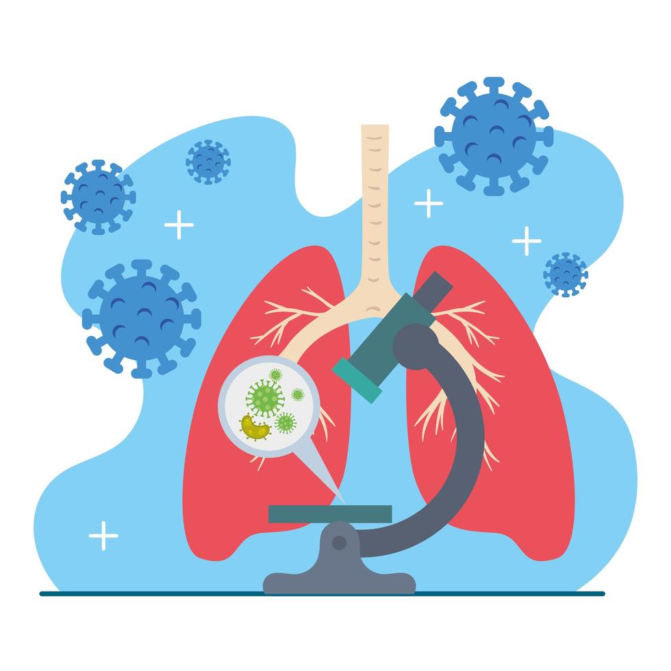 mikroskop med partiklar covid 19 och lungor vektor
