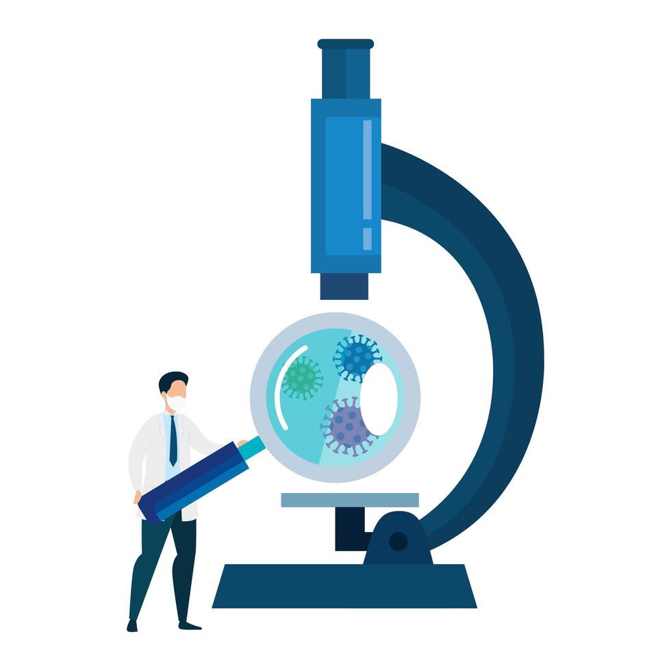 läkare med mikroskop och partiklar covid 19 vektor