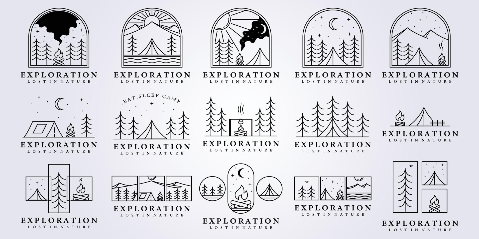 set sammlung bündel camp nacht zelt lagerfeuer logo vektor illustration design clevere kreative linie kunst logo fantasie