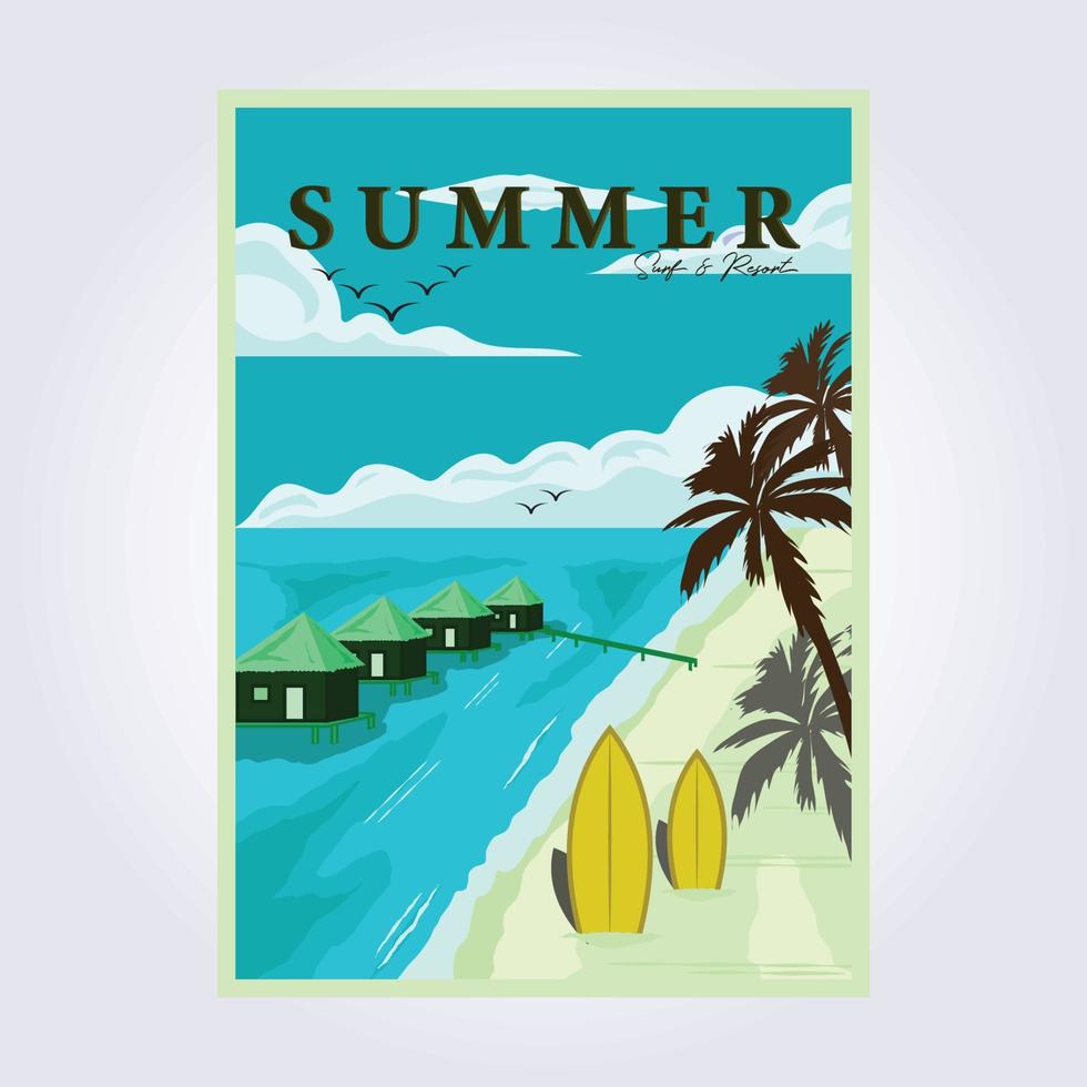 sommaren surfa stranden vintage affisch klassisk nationalpark vektor illustration design villa resort strand affisch