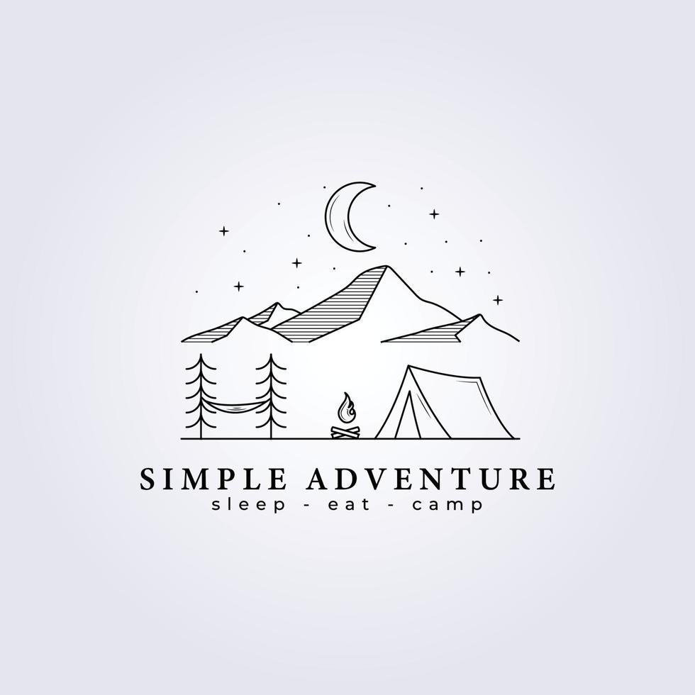 einfaches, modernes Outdoor-Abenteuer, Nachtzelt, Schlafsack, Kiefernwald, Lagerfeuer, Vintage-Retro-Line-Art-Logo, Vektorgrafik-Design vektor