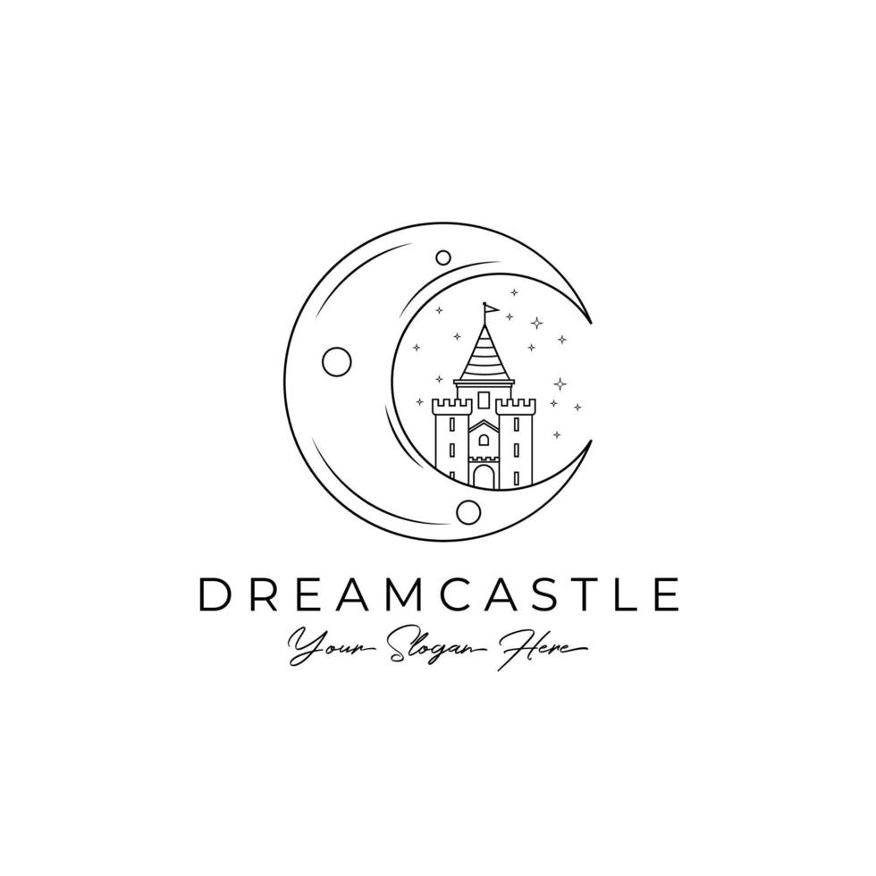 Dream Castle Line Art Logo Vector Illustration Design, Schloss auf dem Mond-Logo