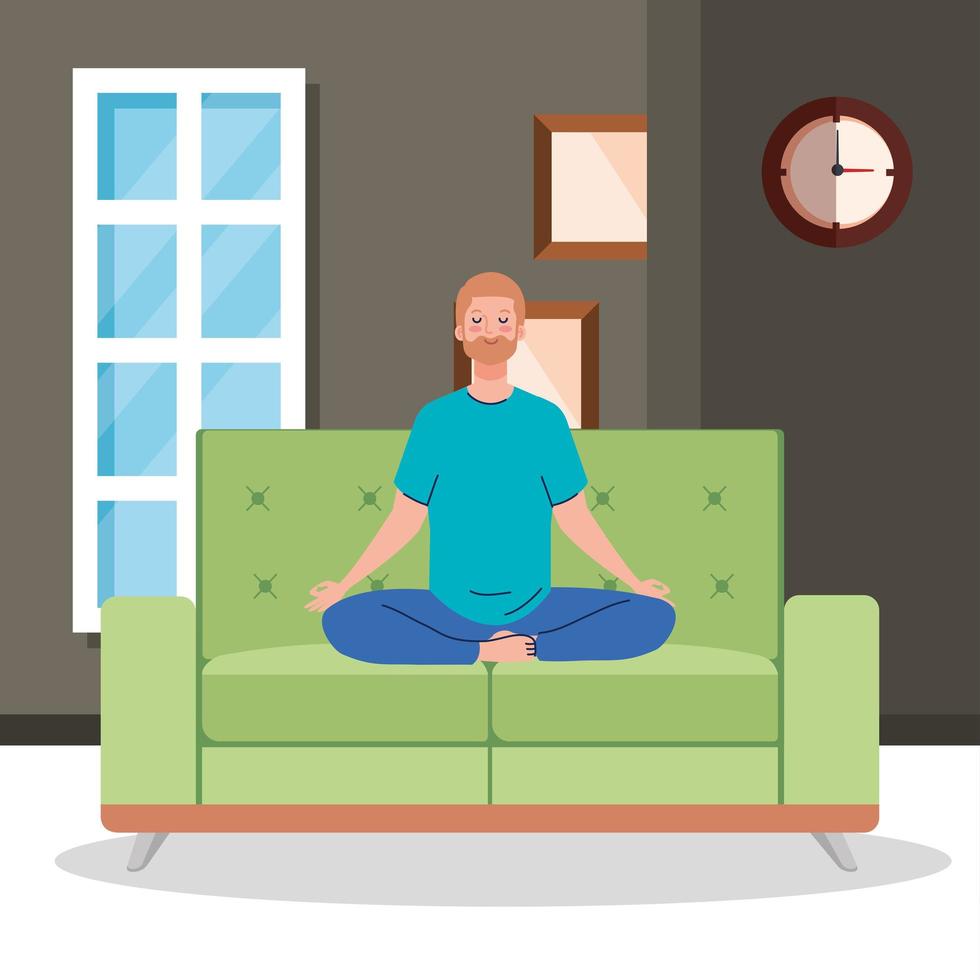 bleib zu hause, sei sicher, mann meditiert im wohnzimmer, sitzt auf der couch, während coronavirus covid 19, bleib zu hause quarantäne, sei vorsichtig vektor
