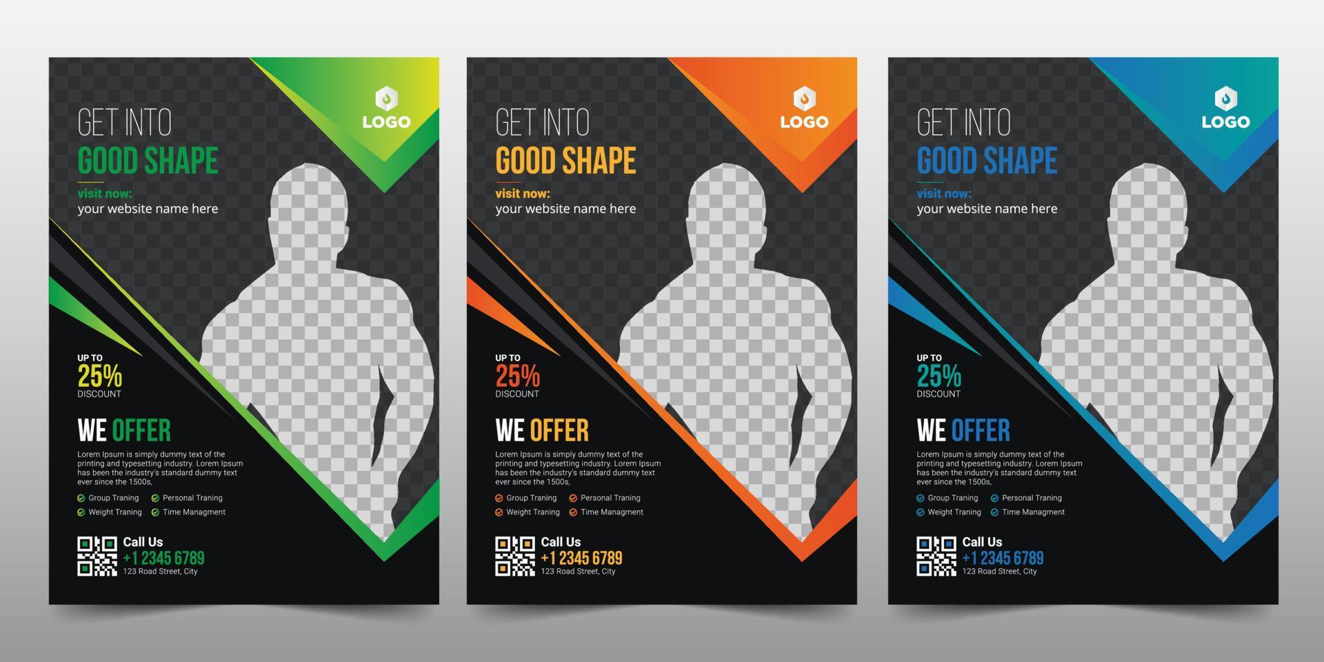 kreativa gym fitness flyer broschyr mall design vektor