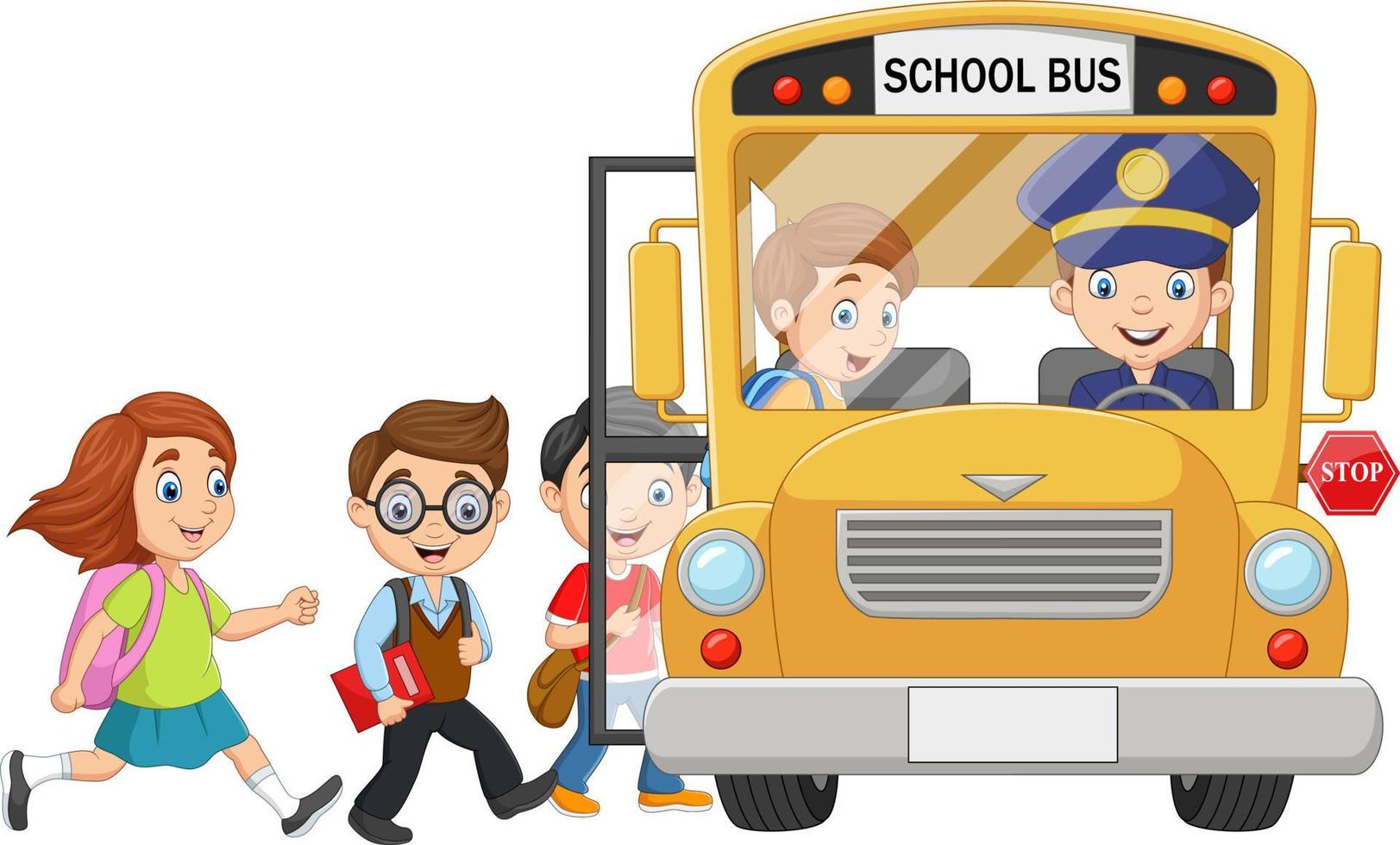 tecknade glada barn som går ombord på en skolbuss vektor