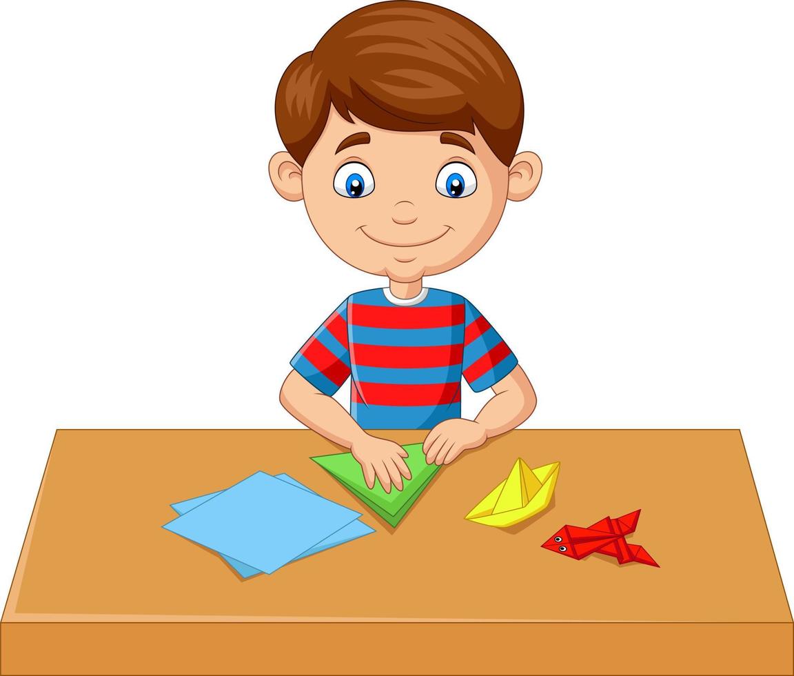 kleiner Junge, der Papier faltet und Origami-Spielzeug herstellt vektor