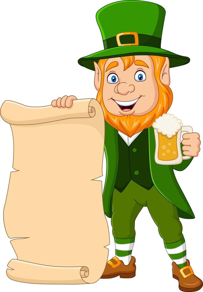 tecknad leprechaun håller en mugg öl och rulla pergament vektor