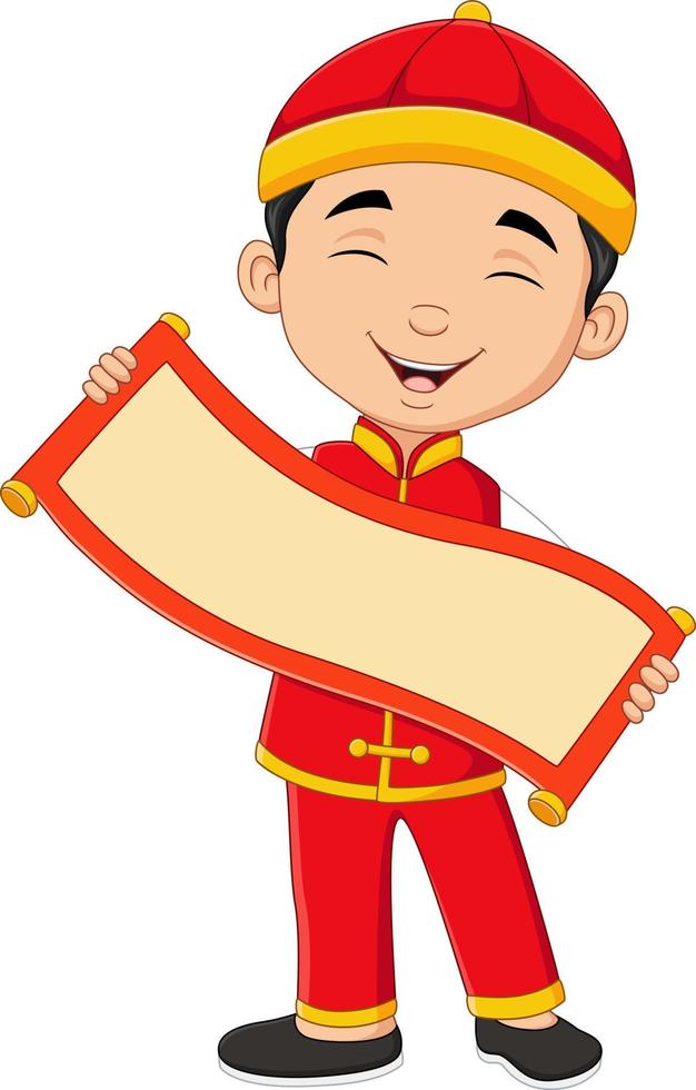 kinesisk pojke håller tom rulla banner vektor