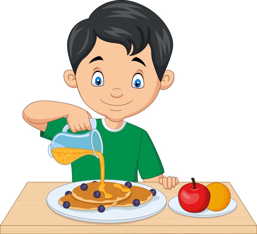 kleiner Junge fließender Ahornsirup auf Pfannkuchen mit Blaubeeren vektor