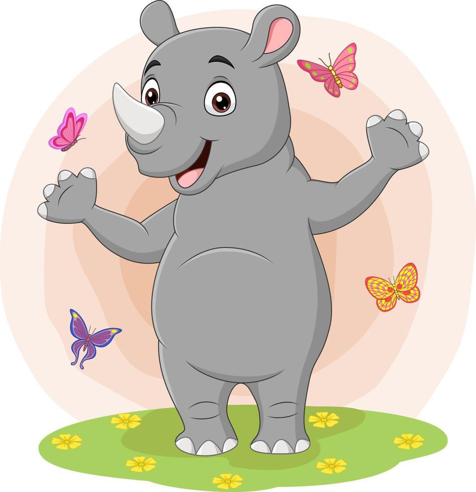 tecknad glad noshörning med fjärilar i gräset vektor