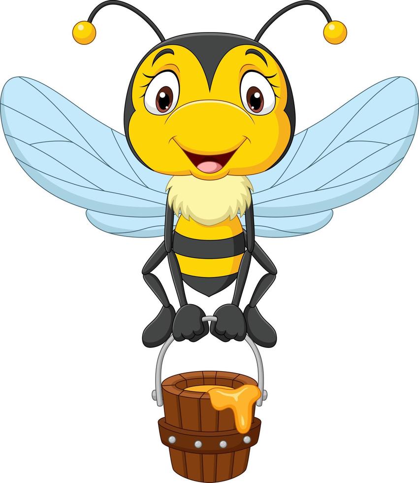 tecknad söt liten bi som håller honungshink vektor