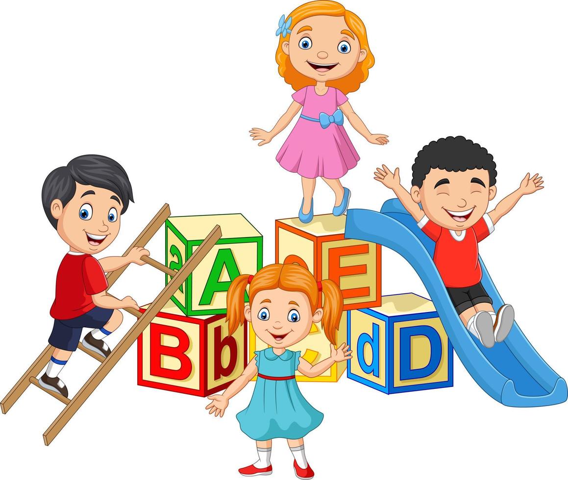 tecknade glada barn med alfabetet block vektor