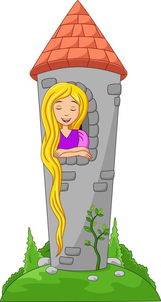 tecknad vacker prinsessa med långt hår vid ett slottsfönster vektor